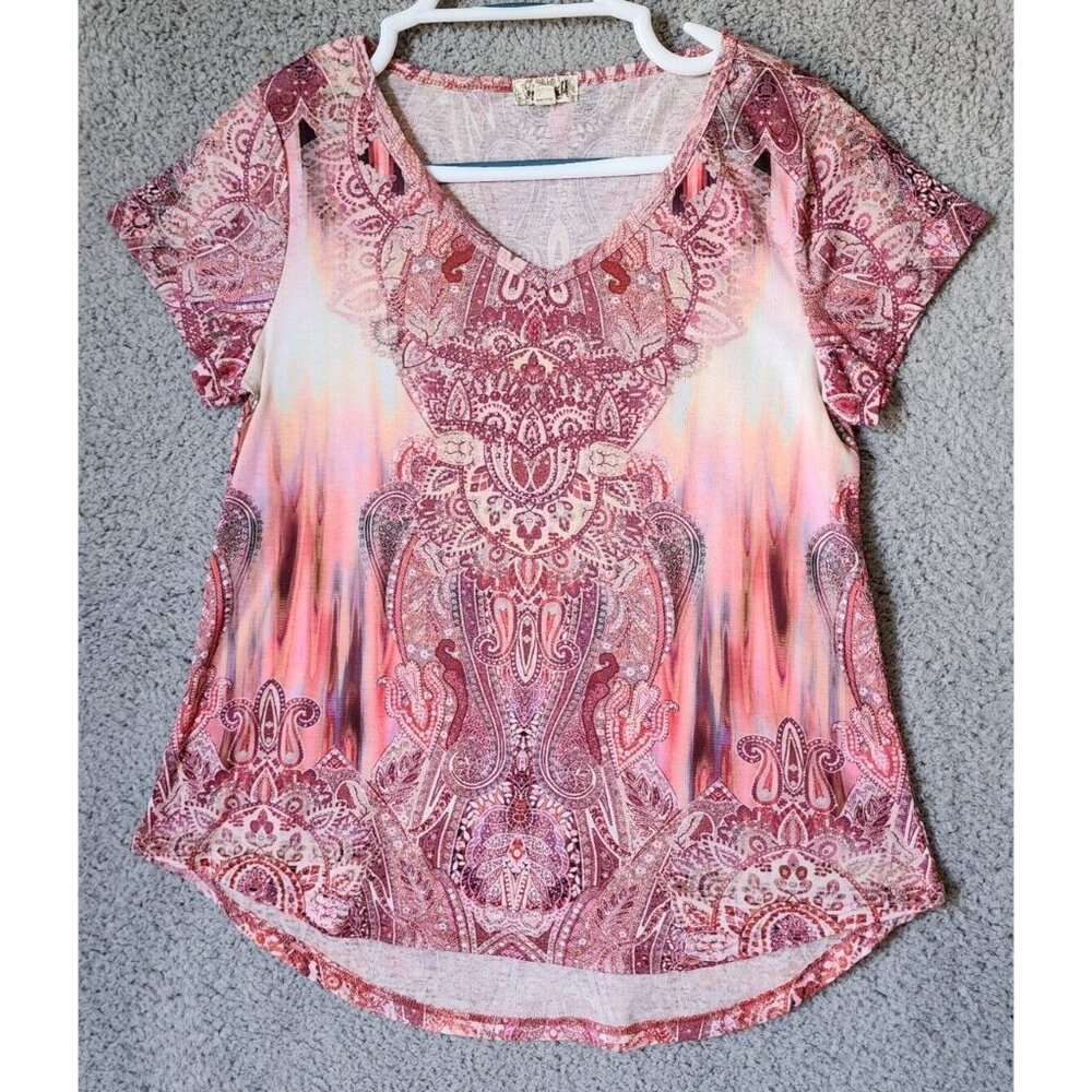 One World Women's Short Sleeve V Neck Blouse Top Pink Patterned Polyester Size S